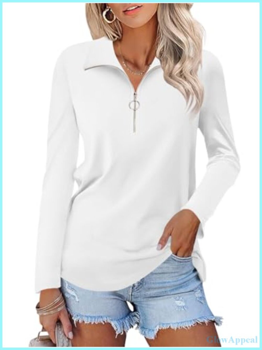 Womens Long Sleeve Quarter Zip Pullover V Neck Collared Top